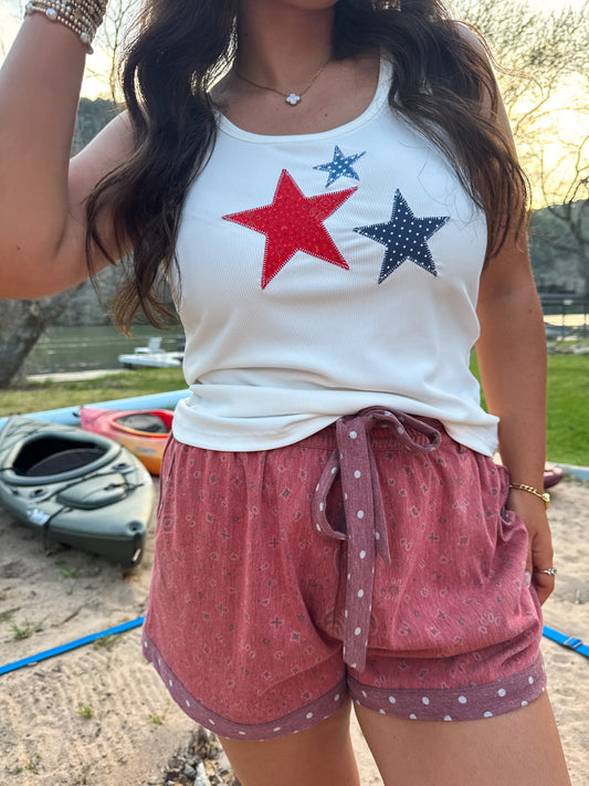 Red Bandana Stretch Denim Shorts